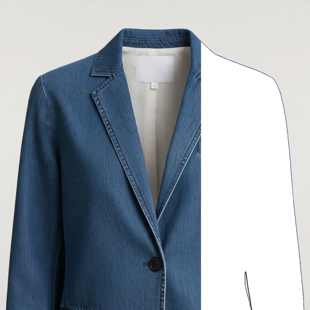 Blazer jeans Vittoria da A minha loja 2 em tecido denim azul macio com lapelas clássicas e fecho de botão frontal.