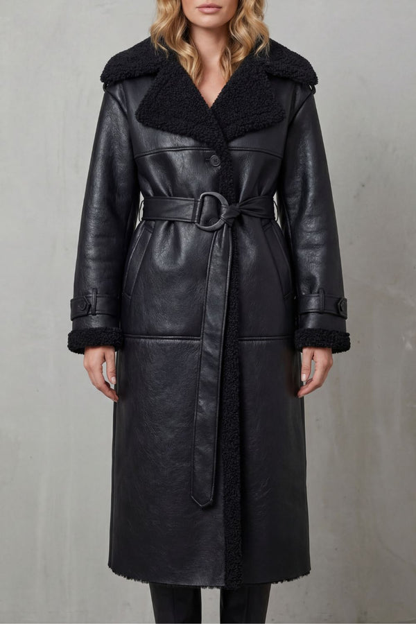 Noemi – Pitkä tekonahkatakki shearling-vuorella