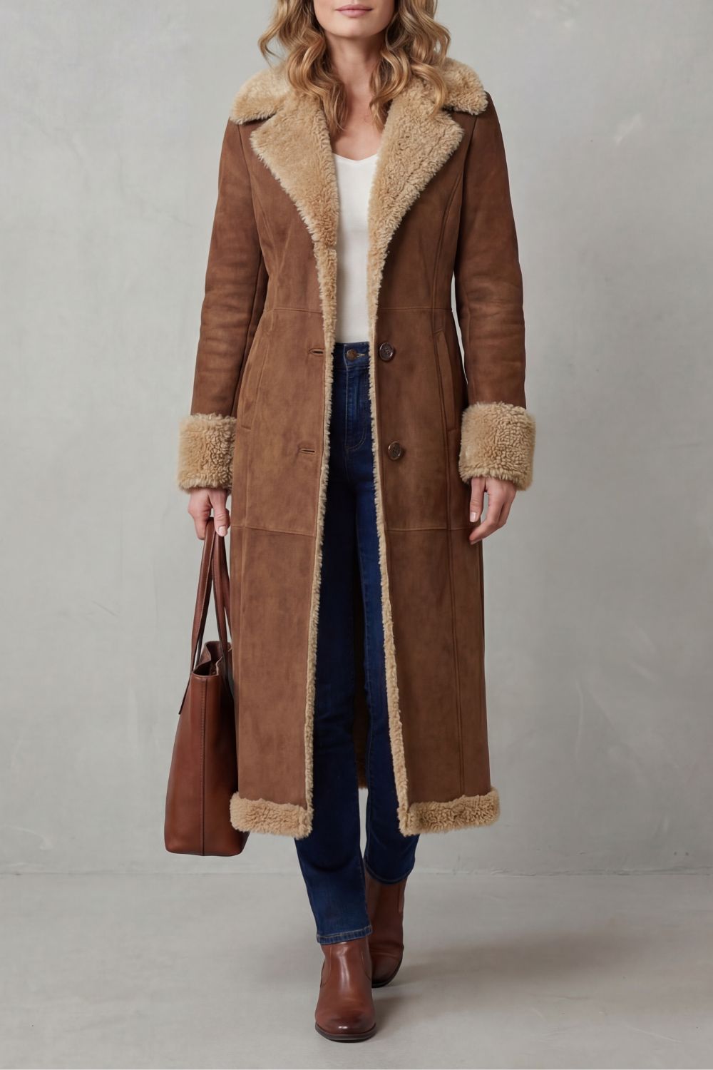 Rosella – Pitkä mokkajäljitelmätakki shearling-vuorella