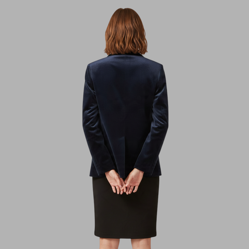 Vista traseira do blazer de veludo azul marinho Paulina da A minha loja 2, com corte ajustado e acabamento elegante.