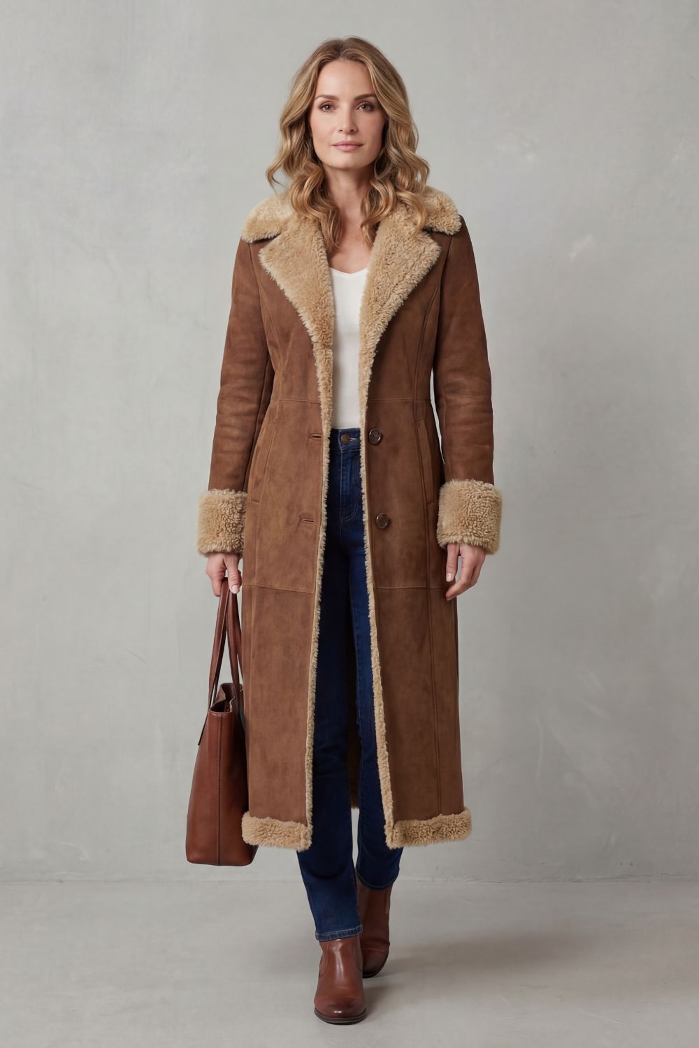 Rosella – Pitkä mokkajäljitelmätakki shearling-vuorella