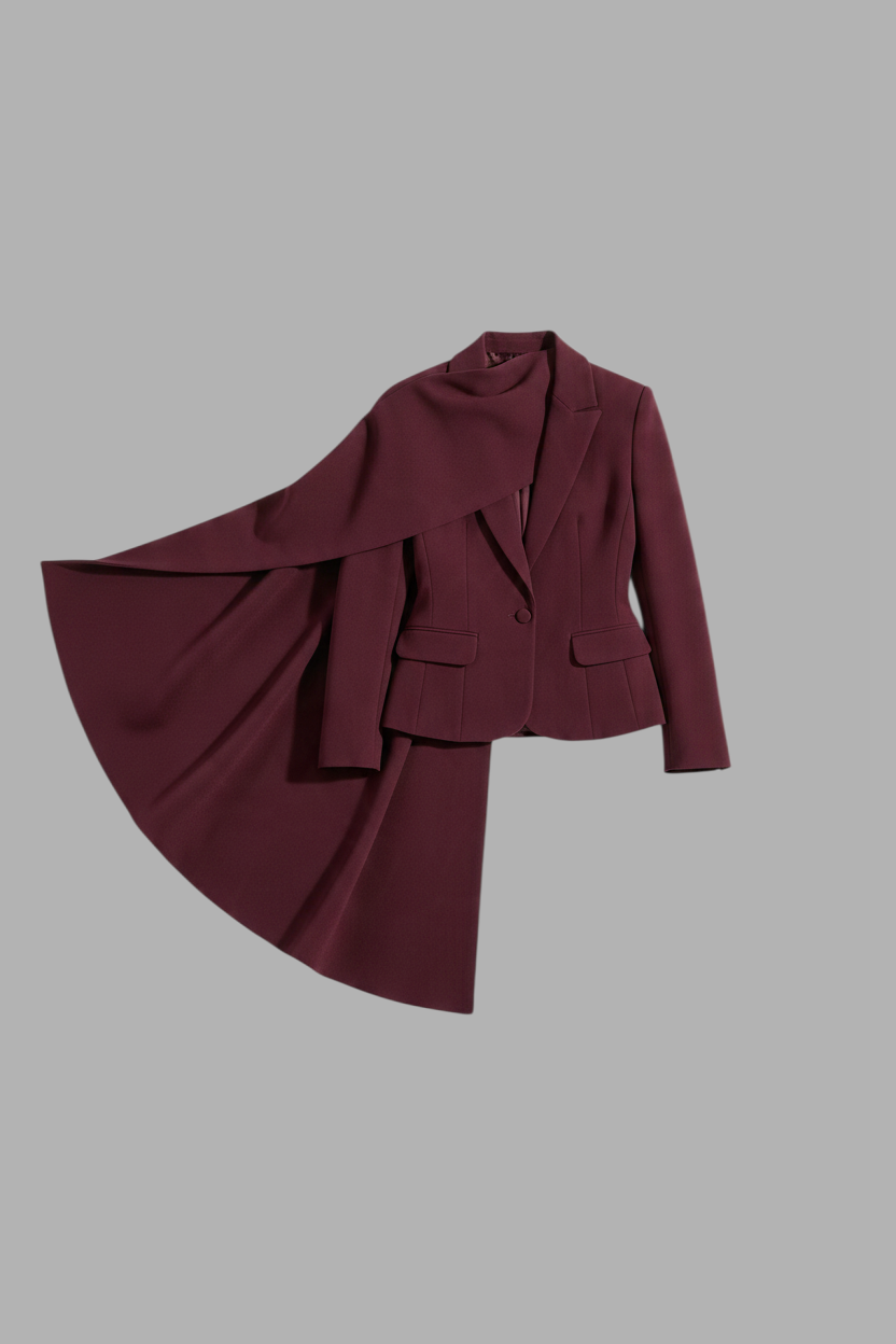 Blazer A minha loja 2 Ginevra na cor bordô com design assimétrico, pregas tipo capa e fechamento de um botão.