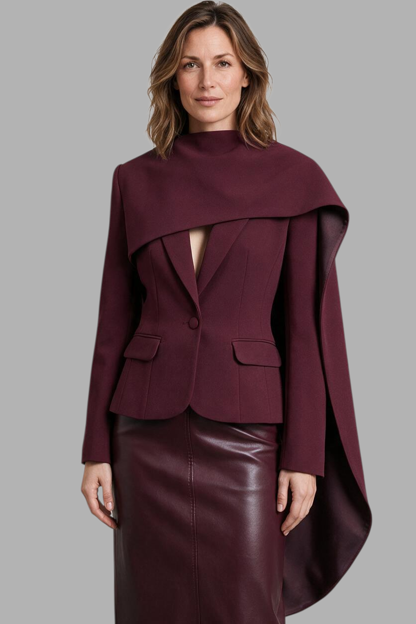 Modelo vestindo blazer bordeaux A minha loja 2 com design assimétrico, gola alta e fechamento de um botão.