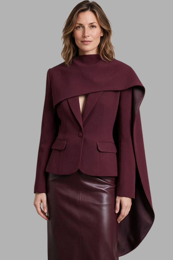 Modelo vestindo blazer bordeaux A minha loja 2 com design assimétrico, gola alta e fechamento de um botão.
