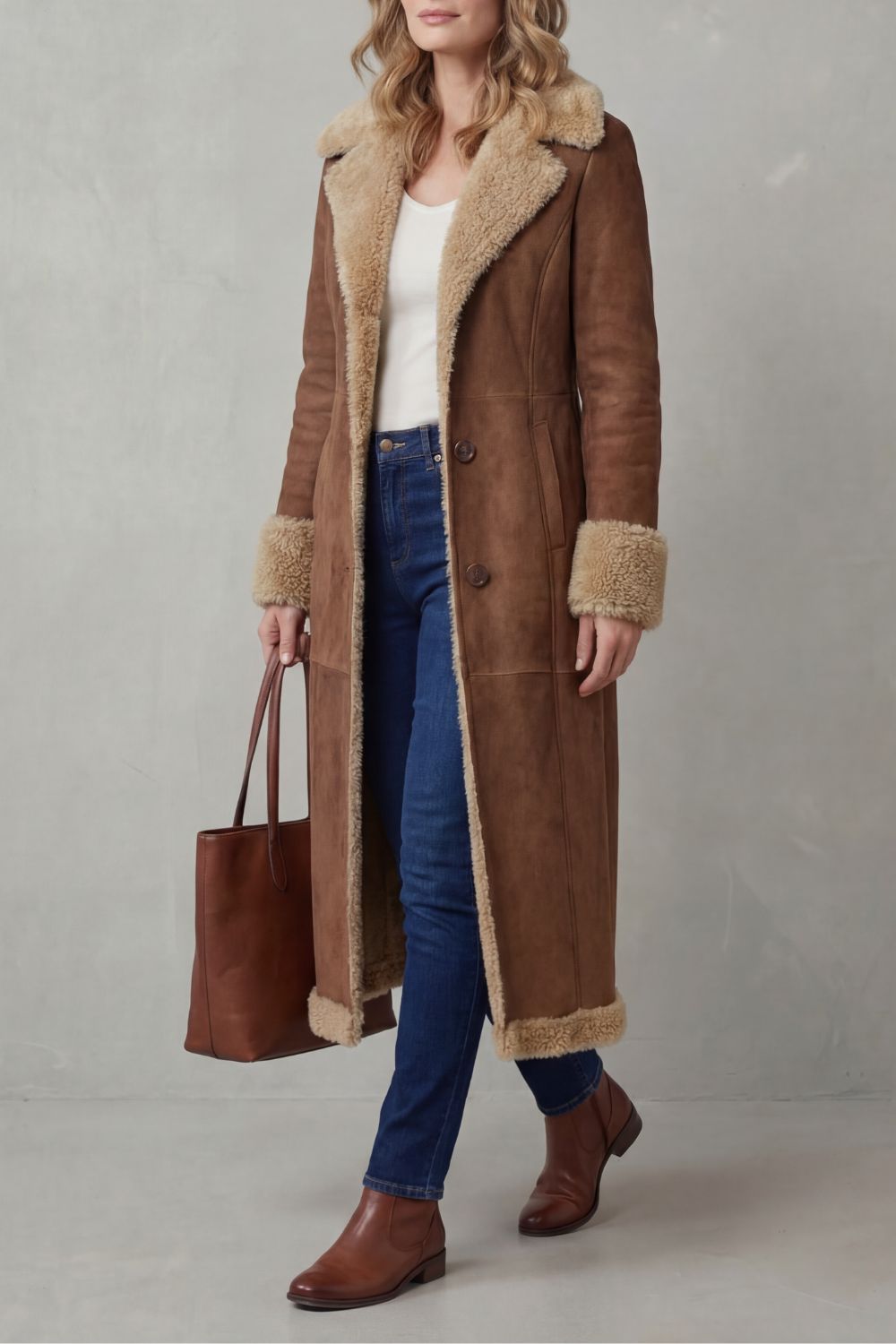Rosella – Pitkä mokkajäljitelmätakki shearling-vuorella