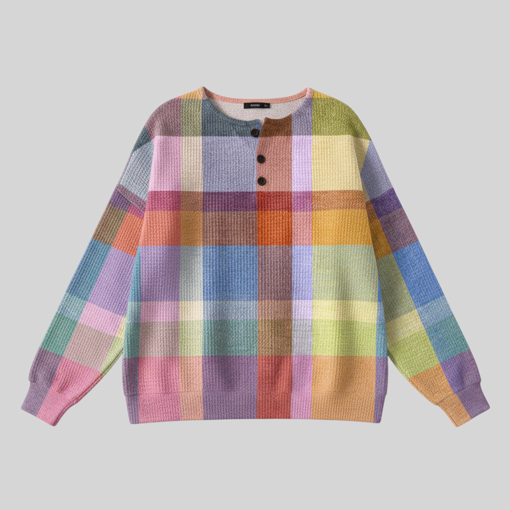 Moletom feminino A minha loja 2 com estampa xadrez colorida, gola redonda com botões e textura de tecido macio.