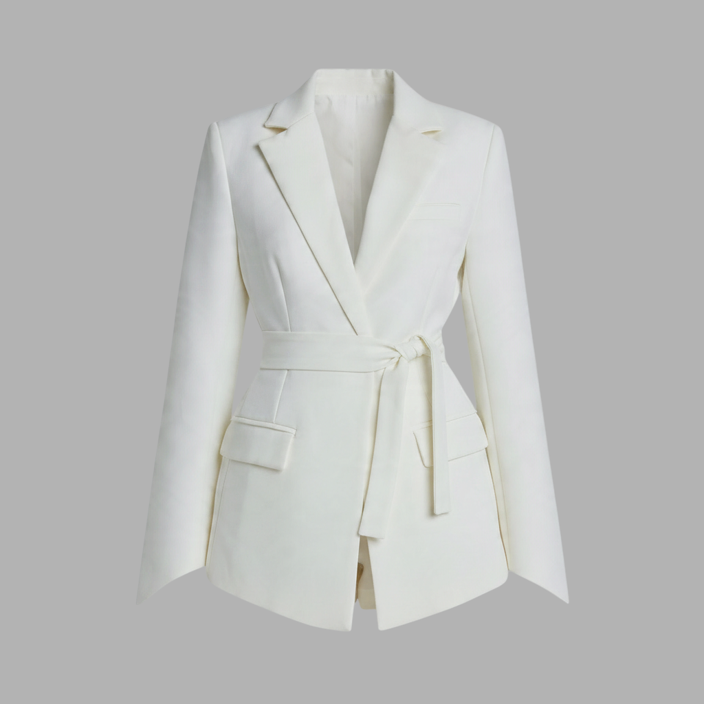 Blazer feminino A minha loja 2 na cor creme com cinto ajustável, lapelas largas e bolsos frontais com aba.