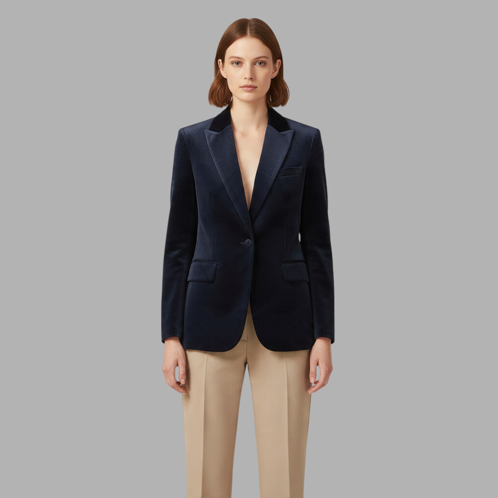 Modelo vestindo blazer de veludo azul marinho A minha loja 2 com lapelas clássicas e corte ajustado