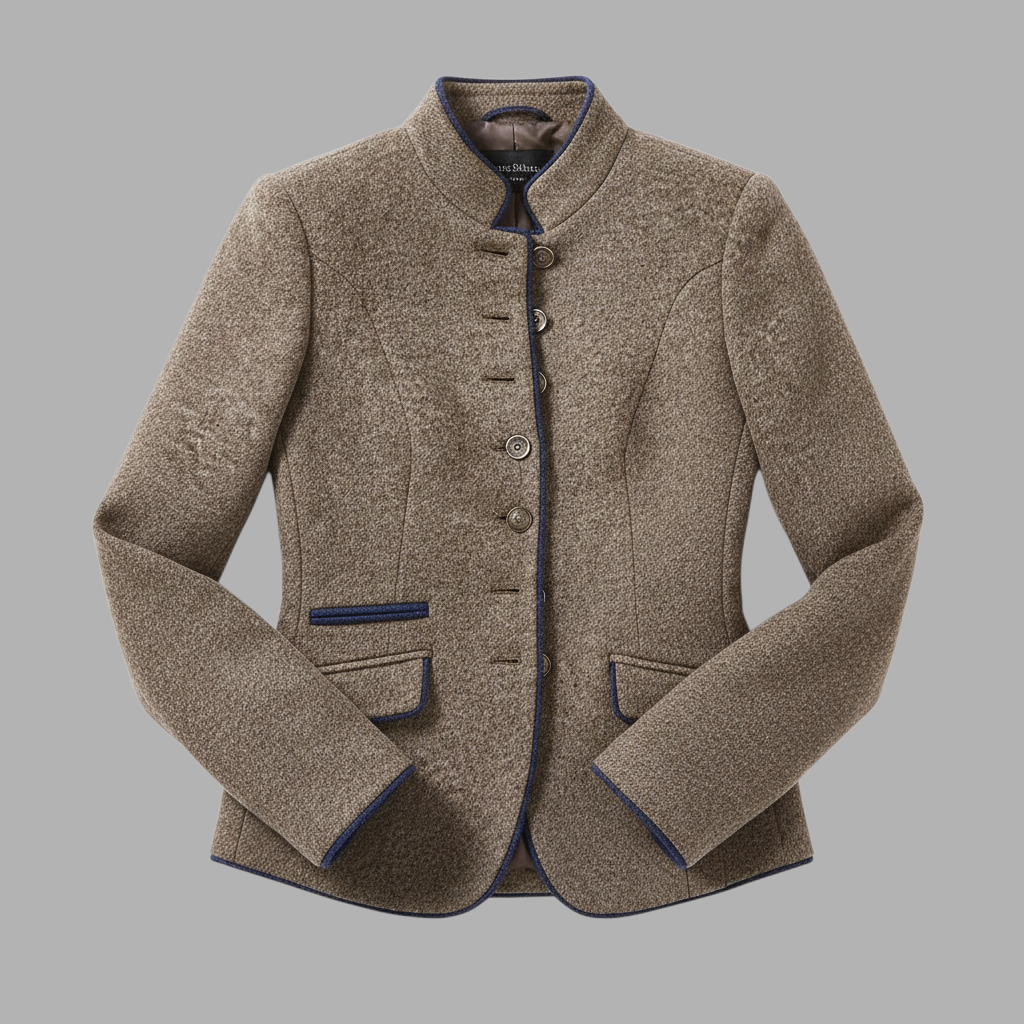Blazer curto A minha loja 2 em tweed marrom com gola alta, detalhes em contraste azul e botões metálicos decorativos.