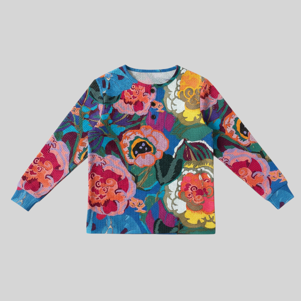 A minha loja 2 blusa de moletom feminina com estampa floral colorida, gola redonda com botões e tecido macio.