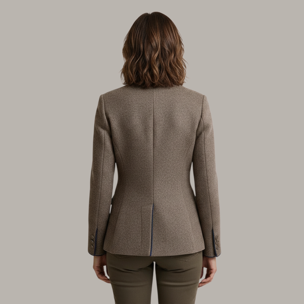 Vista traseira do blazer curto de tweed A minha loja 2 em tom marrom mesclado com detalhes em contraste escuro.
