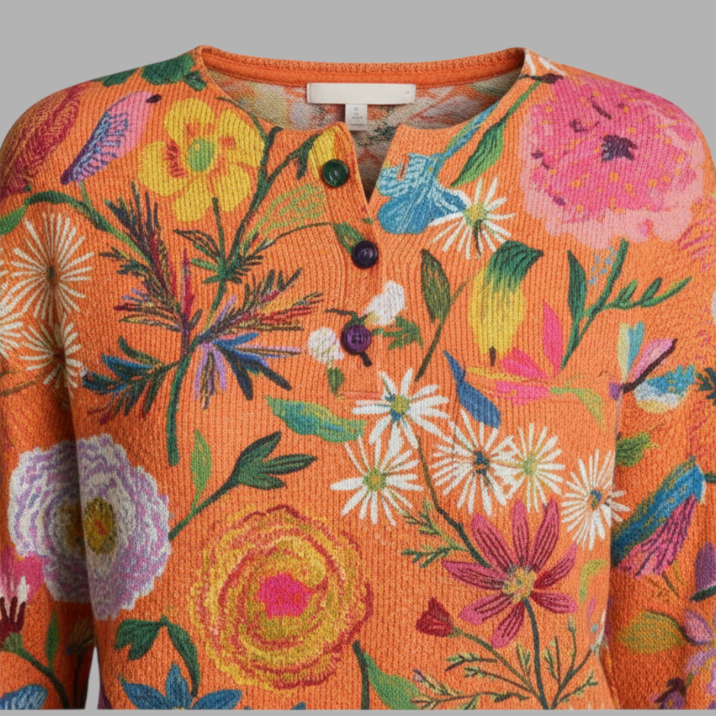 Suéter feminino A minha loja 2 laranja com estampa floral colorida, gola redonda e botões frontais.