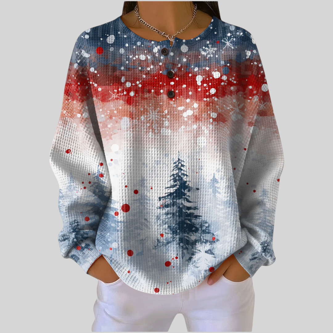 Moletom feminino A minha loja 2 com estampa de natal, pinheiros e neve, gola henley e textura waffle macia.