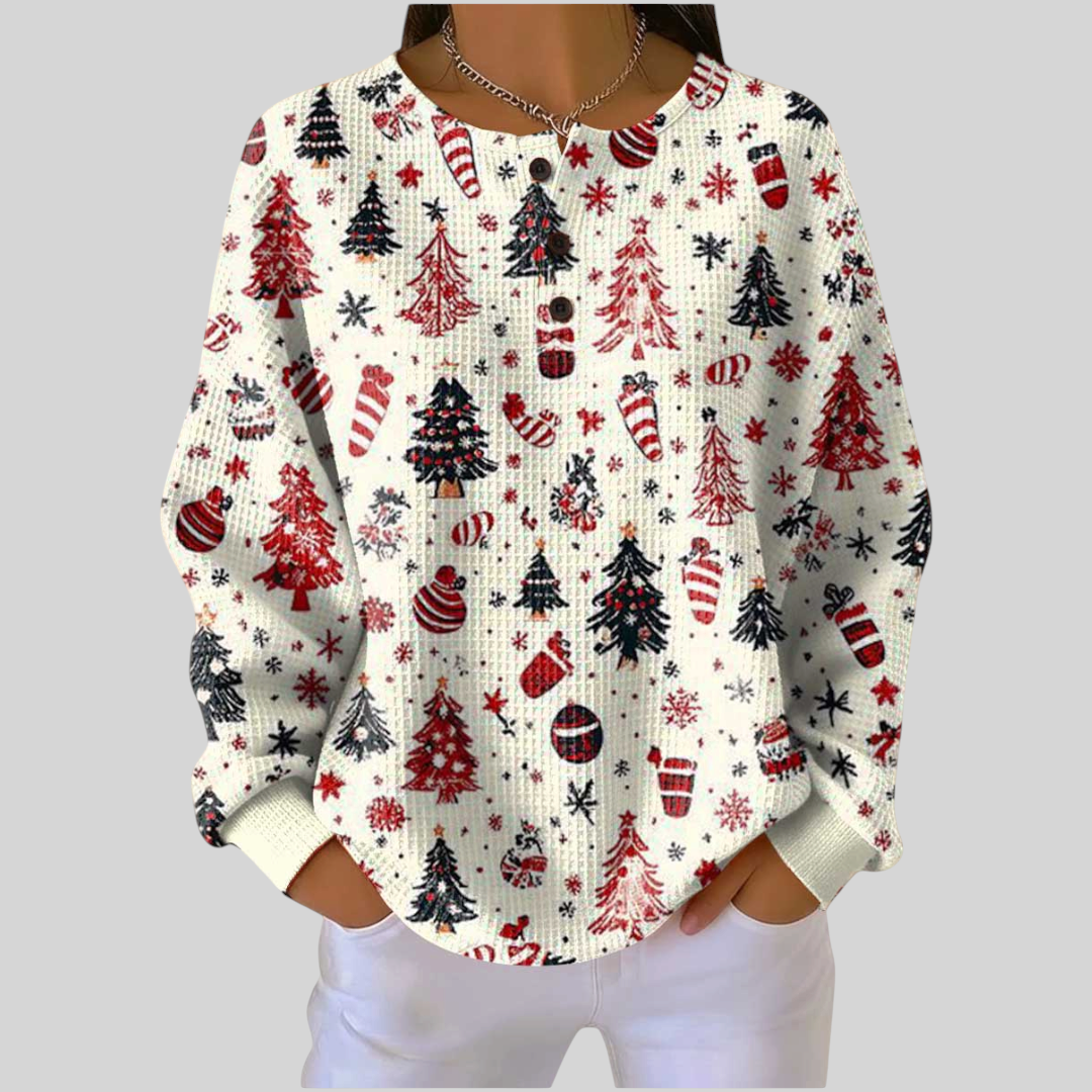 Moletom feminino A minha loja 2 com estampa natalina de árvores e enfeites em tons de vermelho e preto