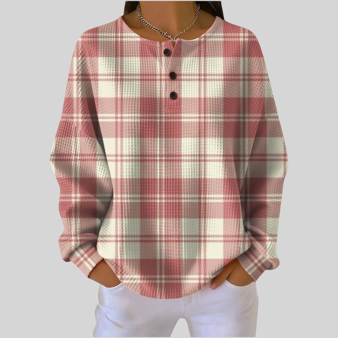Moletom feminino xadrez rosa e branco da A minha loja 2 com gola henley e botões, tecido macio e ajuste casual.