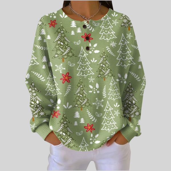 Blusa feminina A minha loja 2 verde com estampa de árvores de Natal, gola redonda com botões e tecido texturizado.
