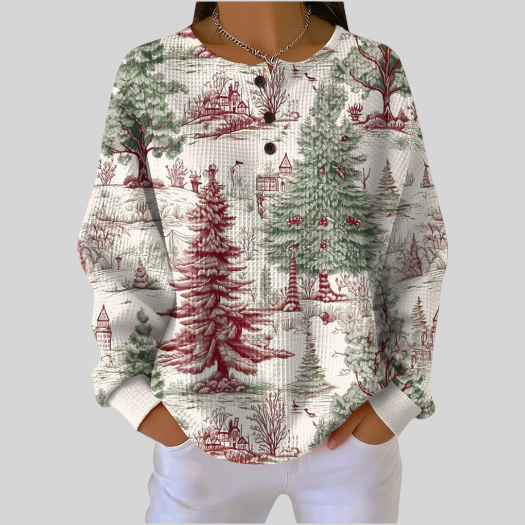 A minha loja 2 blusa feminina de moletom com estampa de paisagem de inverno em tons de vermelho e verde e botões