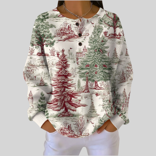 A minha loja 2 blusa feminina de moletom com estampa de paisagem de inverno em tons de vermelho e verde e botões