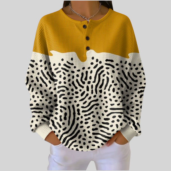 Moletom feminino A minha loja 2 com estampa abstrata em preto e branco e parte superior amarela com botões