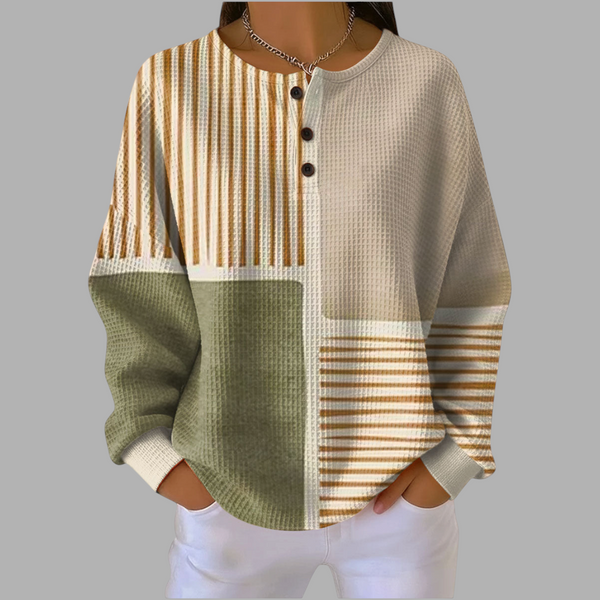 Blusa feminina A minha loja 2 de moletom com estampa geométrica em tons de bege e verde, gola com botões e tecido macio