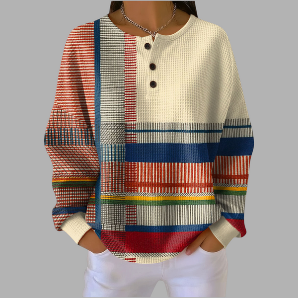 A minha loja 2 blusa feminina de moletom com estampa geométrica colorida, gola henley com botões e tecido texturizado.