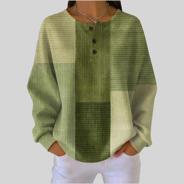A minha loja 2 blusa feminina de moletom verde com textura waffle, gola com botões e ajuste casual e confortável.