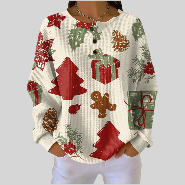 A minha loja 2 blusa de moletom feminina com estampa natalina de árvores, presentes e biscoitos em tecido texturizado