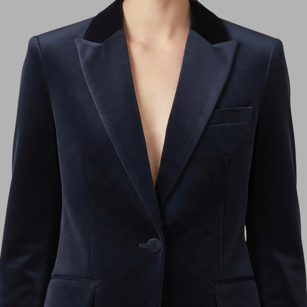 Blazer feminino de veludo azul-marinho A minha loja 2 com lapelas clássicas e corte ajustado elegante.